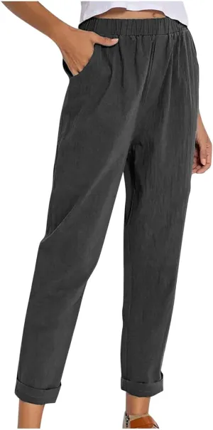 Casual Elastic Waist Trousers Womens Fashion Loose Straight Leg Pants Solid Soft Lightweight Pants with Pockets