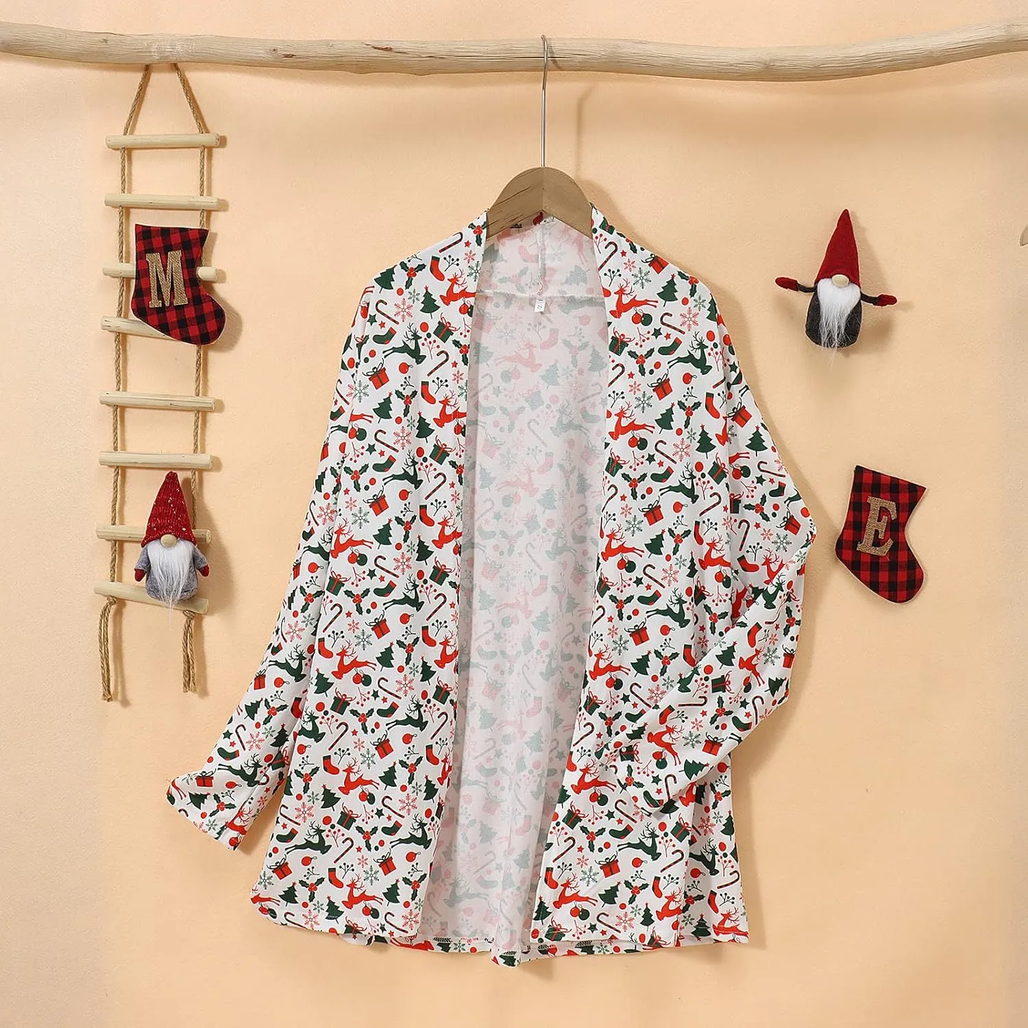 Christmas Cardigan Sweaters for Women Xmas Tree Red Plaid Knitting Open Front Cardigans Holiday Long Sleeve Top