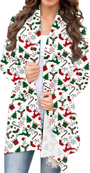 Christmas Cardigan Sweaters for Women Xmas Tree Red Plaid Knitting Open Front Cardigans Holiday Long Sleeve Top