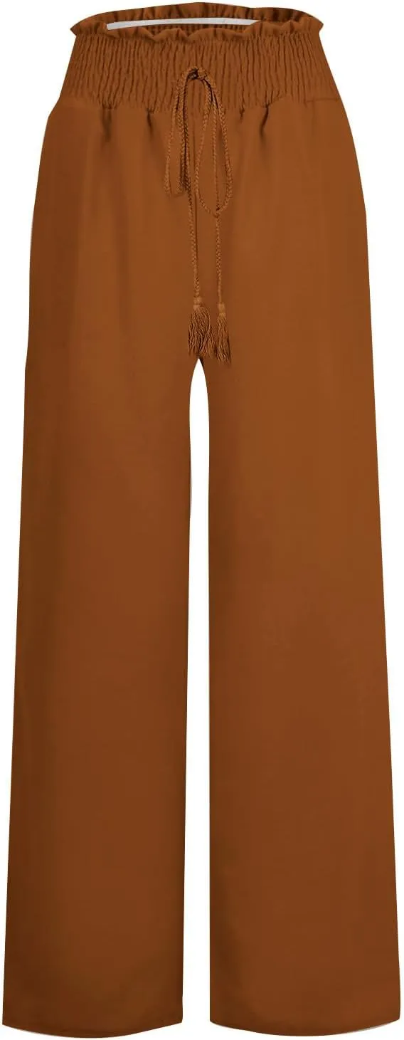 cooki Women Cotton Linen Casual Pants Drawstring Elastic High Waist Loose Comfy Straight Leg Pants with Pockets Workout Pants