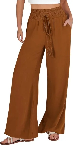 cooki Women Cotton Linen Casual Pants Drawstring Elastic High Waist Loose Comfy Straight Leg Pants with Pockets Workout Pants
