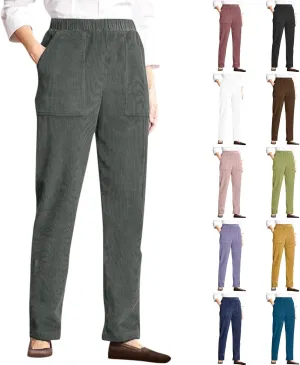 Corduroy Pants Women Elastic High Waist Vintage Straight Wide Leg Pants Lounge Work Trousers w/Pocket 2023