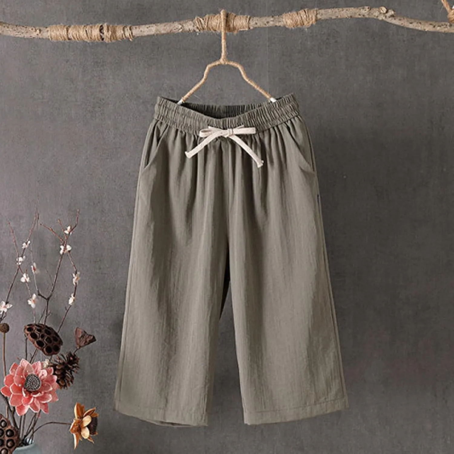 Cotton Linen Capri Pants for Women Casual Summer Capris Elastic High Waist Pants Wide Leg Cropped Trousers