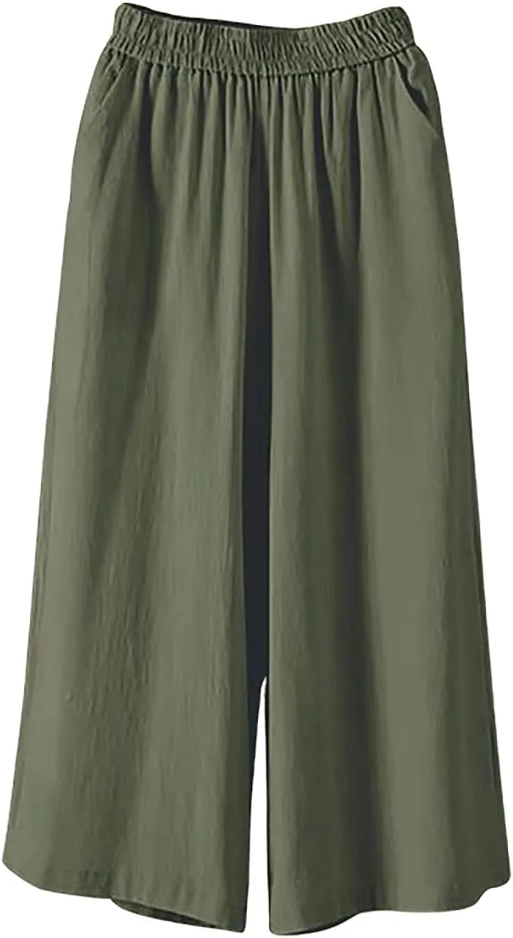 Cotton Linen Capri Pants for Women Casual Summer Capris Elastic High Waist Pants Wide Leg Cropped Trousers