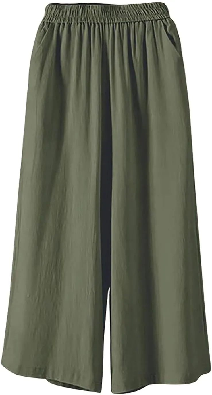 Cotton Linen Capri Pants for Women Casual Summer Capris Elastic High Waist Pants Wide Leg Cropped Trousers