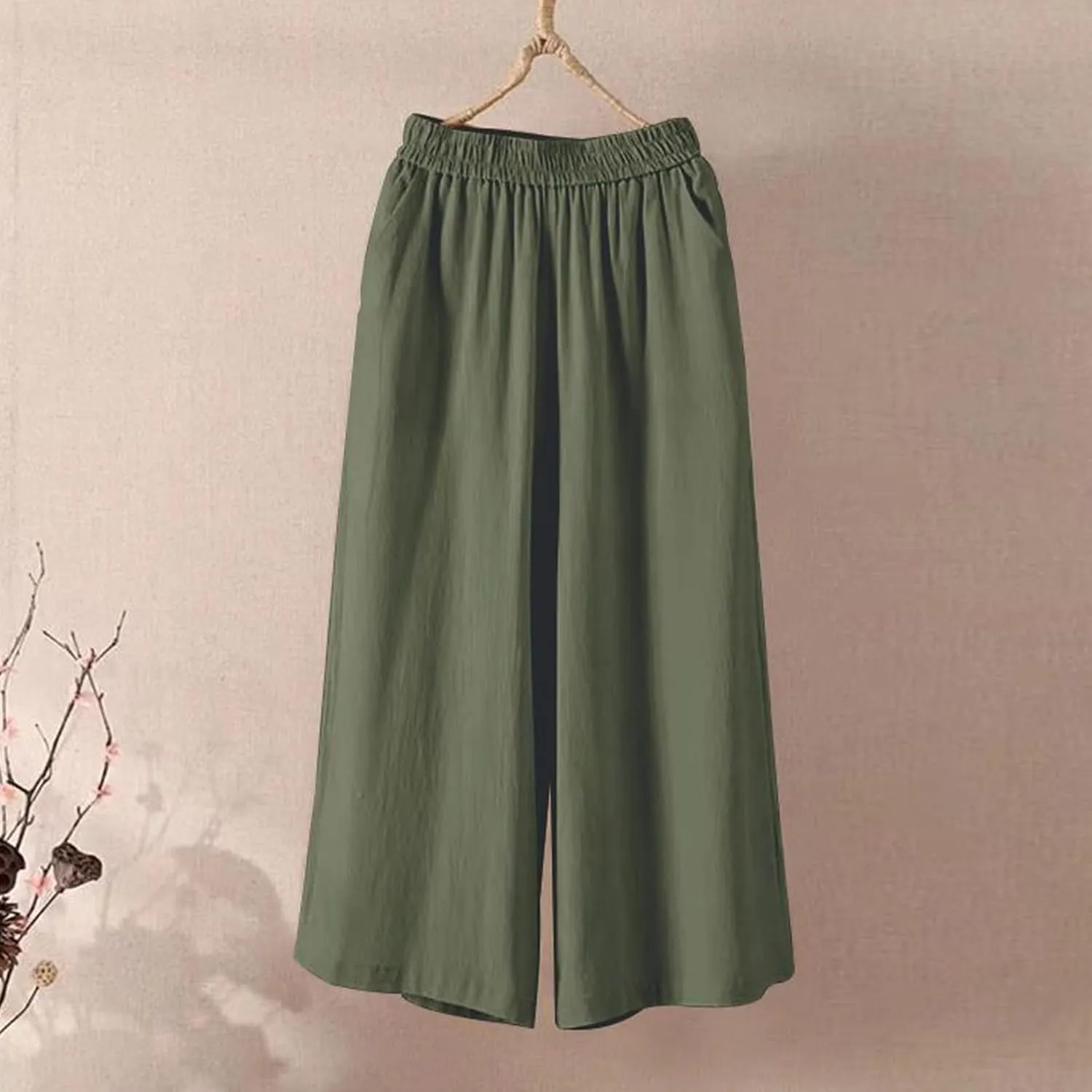 Cotton Linen Capri Pants for Women Casual Summer Capris Elastic High Waist Pants Wide Leg Cropped Trousers