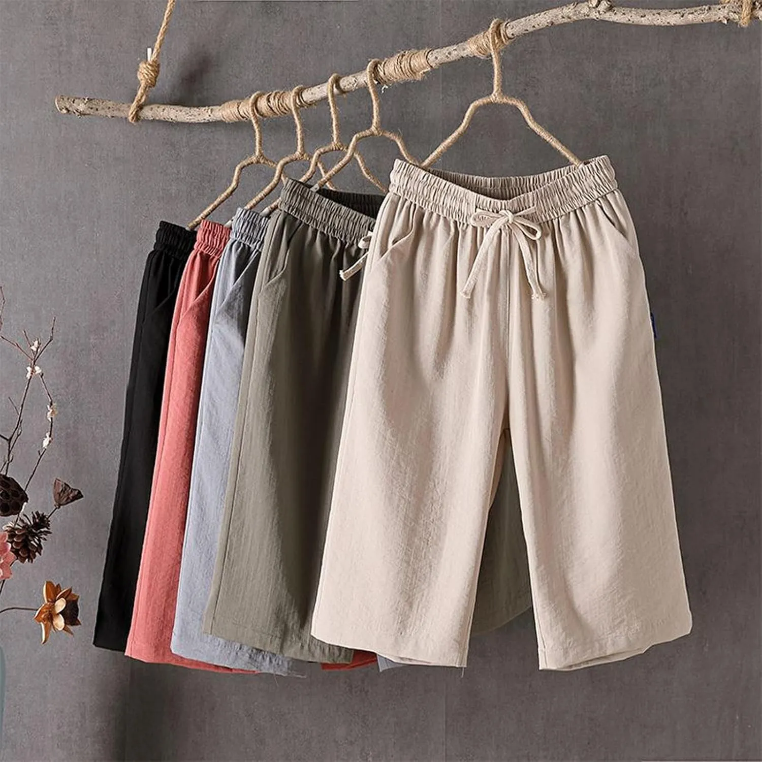 Cotton Linen Capri Pants for Women Casual Summer Capris Elastic High Waist Pants Wide Leg Cropped Trousers