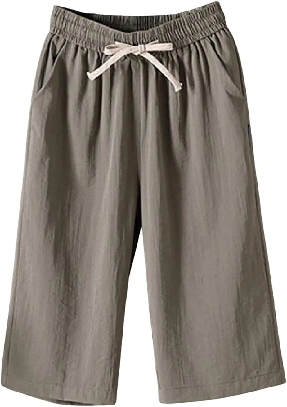 Cotton Linen Capri Pants for Women Casual Summer Capris Elastic High Waist Pants Wide Leg Cropped Trousers