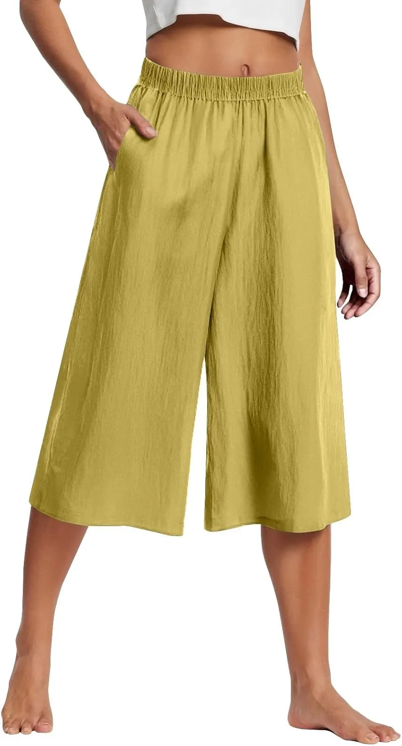 Cotton Linen Capri Pants for Women Casual Summer Capris Elastic High Waist Pants Wide Leg Cropped Trousers