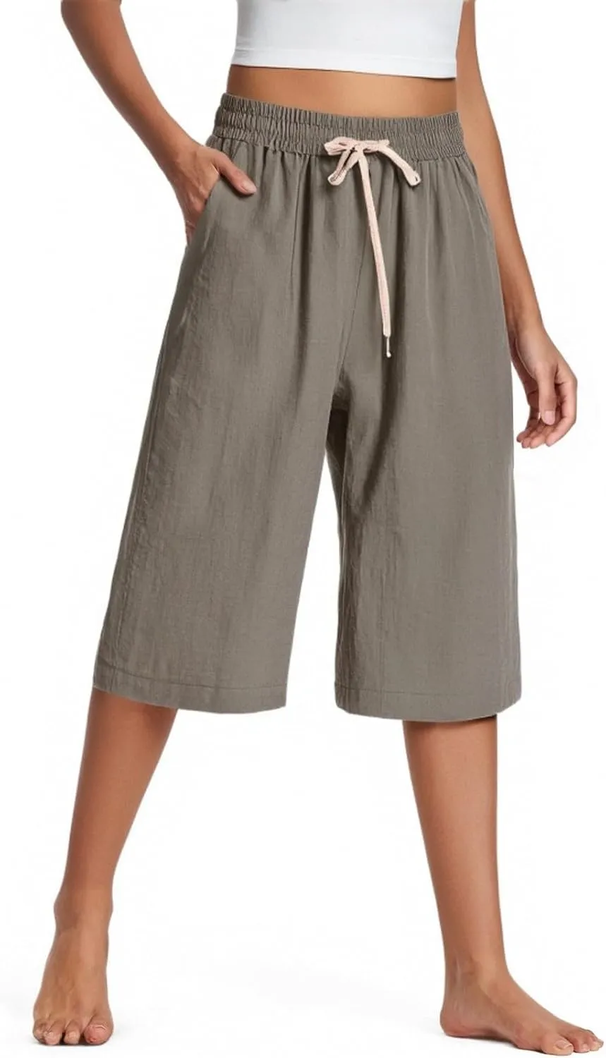 Cotton Linen Capri Pants for Women Casual Summer Capris Elastic High Waist Pants Wide Leg Cropped Trousers