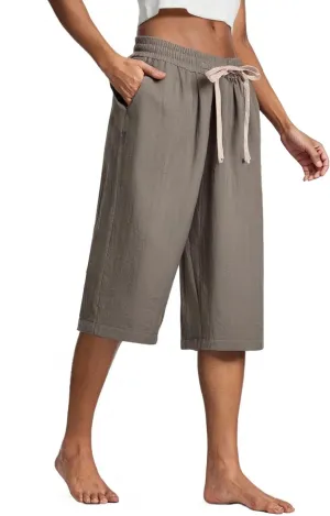 Cotton Linen Capri Pants for Women Casual Summer Capris Elastic High Waist Pants Wide Leg Cropped Trousers