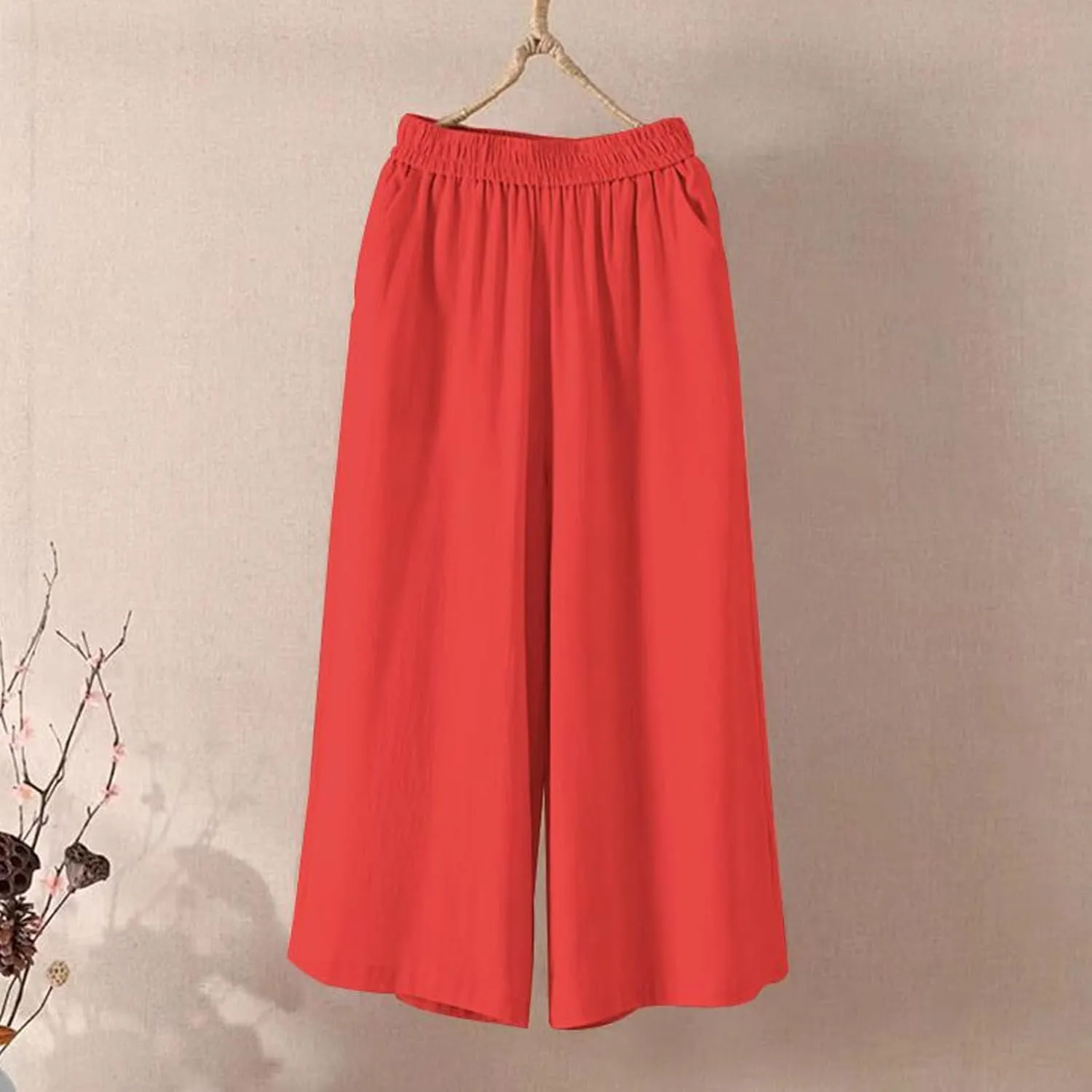 Cotton Linen Capri Pants for Women Casual Summer Capris Elastic High Waist Pants Wide Leg Cropped Trousers