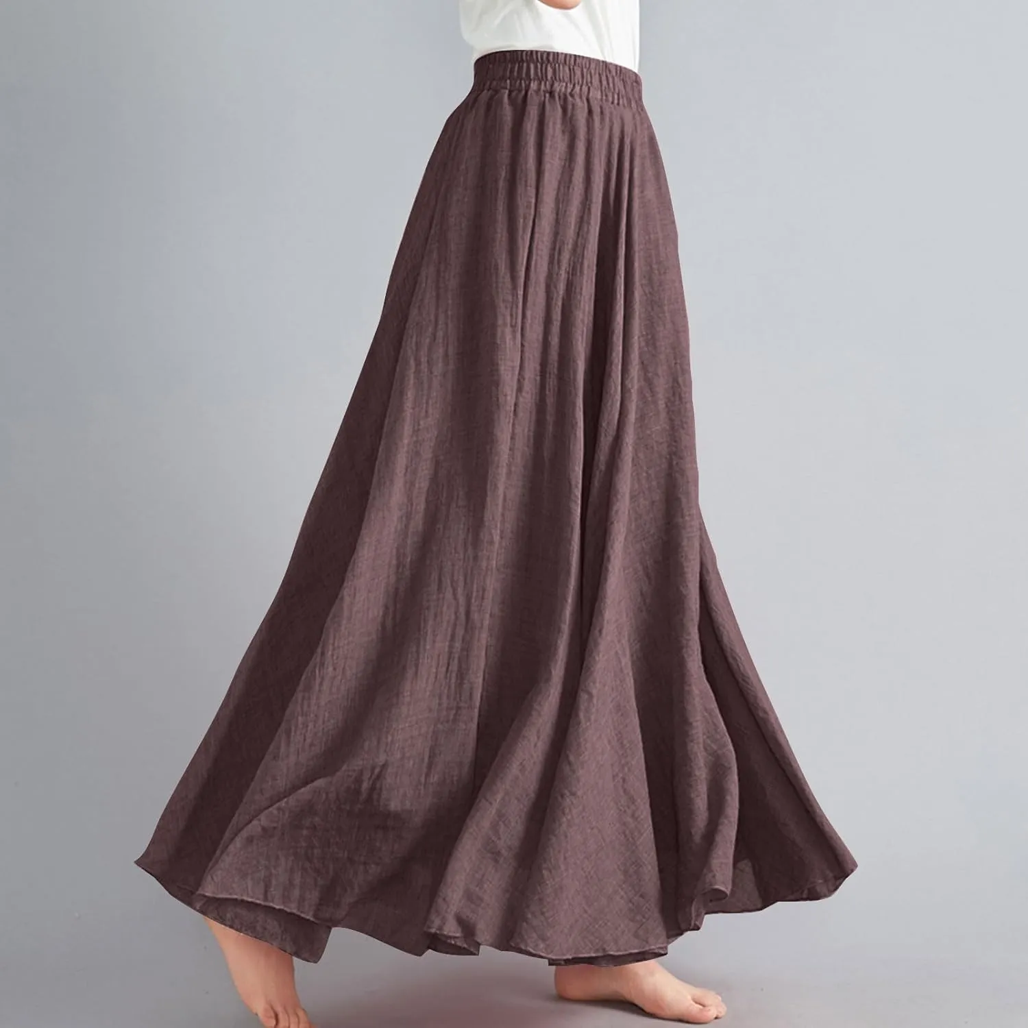 Cotton Linen Maxi Skirt for Women High Waist Flowy Beach Long SkirtsSolid Color Boho Casual Elastic Waist Summer Style