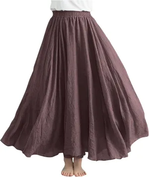 Cotton Linen Maxi Skirt for Women High Waist Flowy Beach Long SkirtsSolid Color Boho Casual Elastic Waist Summer Style