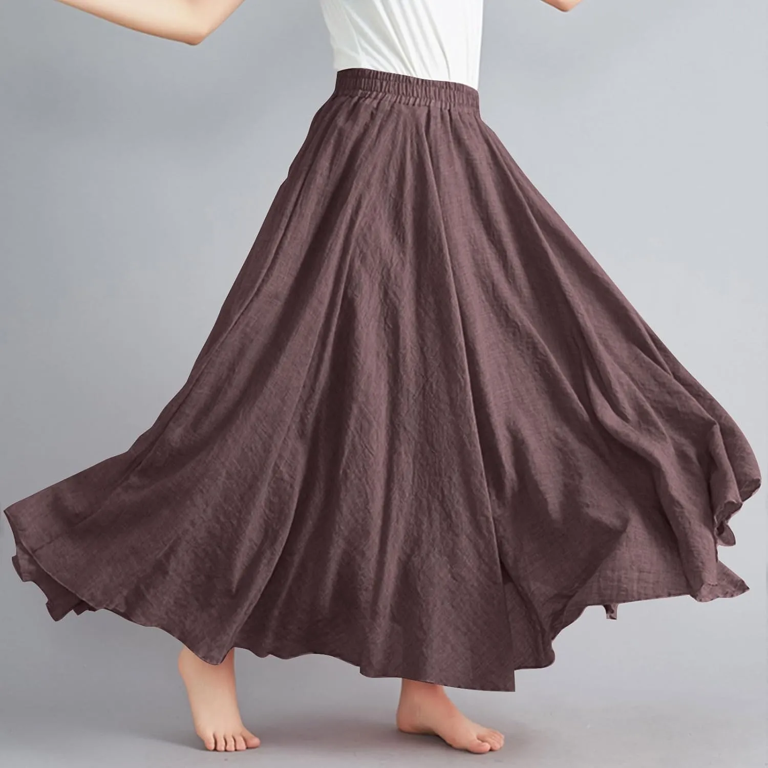 Cotton Linen Maxi Skirt for Women High Waist Flowy Beach Long SkirtsSolid Color Boho Casual Elastic Waist Summer Style