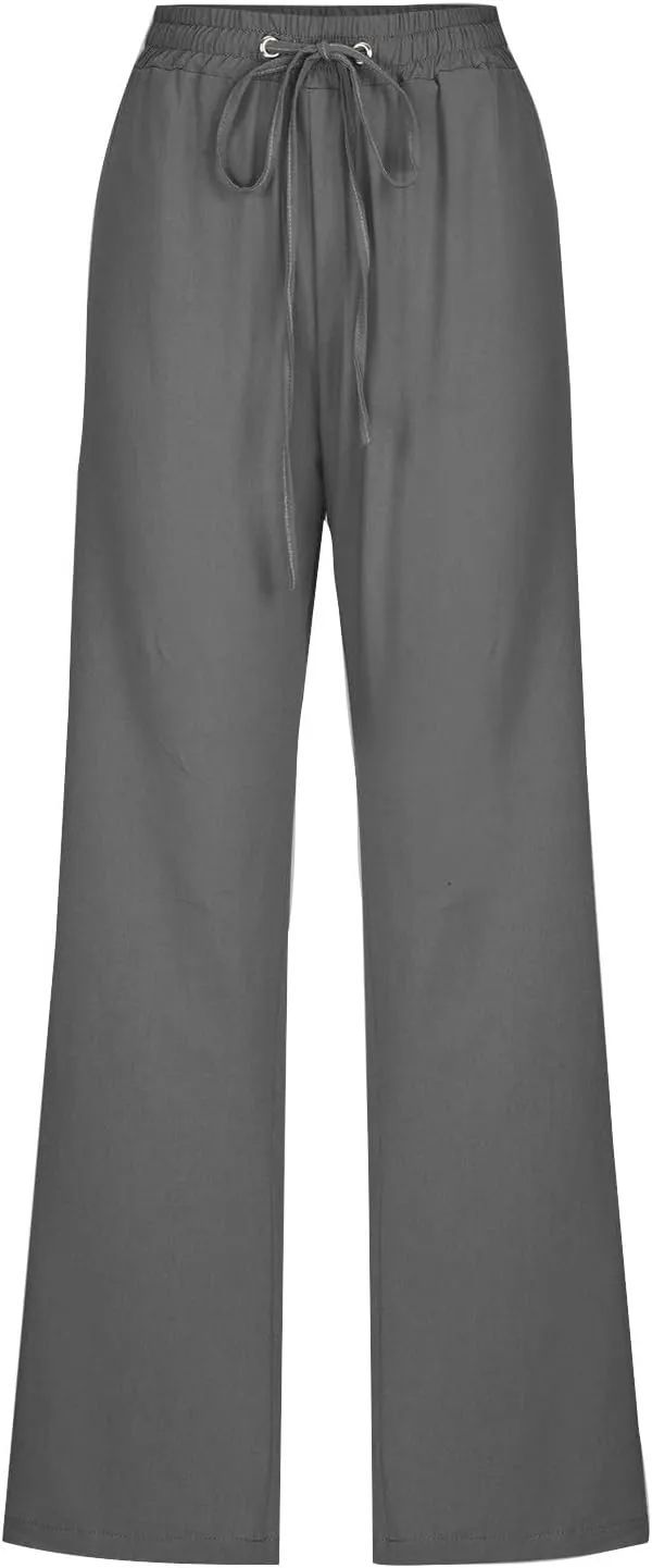 Cotton Linen Pants for Women Casual Straight Leg Pants with Pockets Summer Elastic Waist Trousers Vacation Clothes