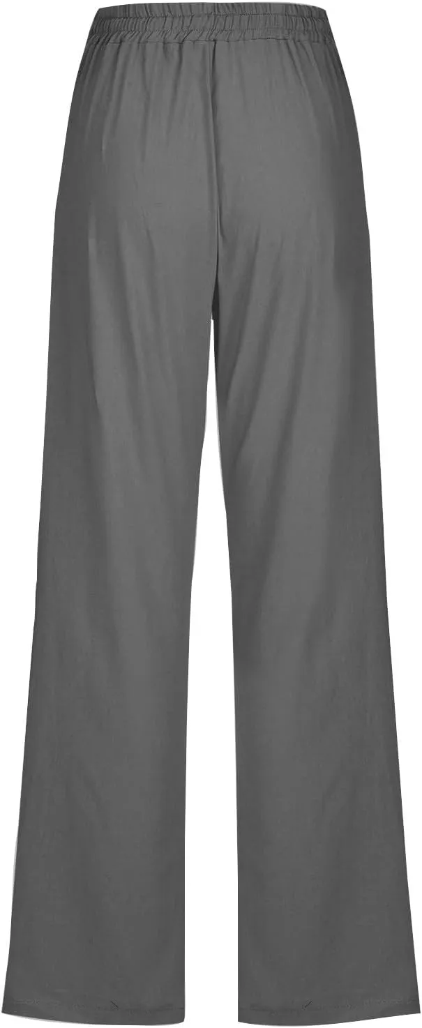 Cotton Linen Pants for Women Casual Straight Leg Pants with Pockets Summer Elastic Waist Trousers Vacation Clothes