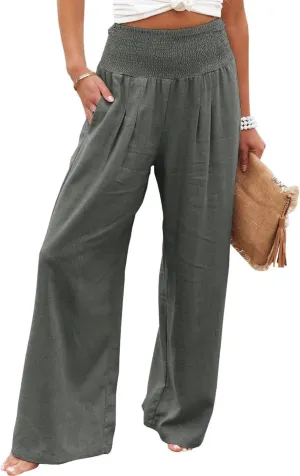 Cotton Linen Pants for Women Casual Straight Trousers Wide Leg Tottoms Elastic Waist High Waist Pant with Pockets
