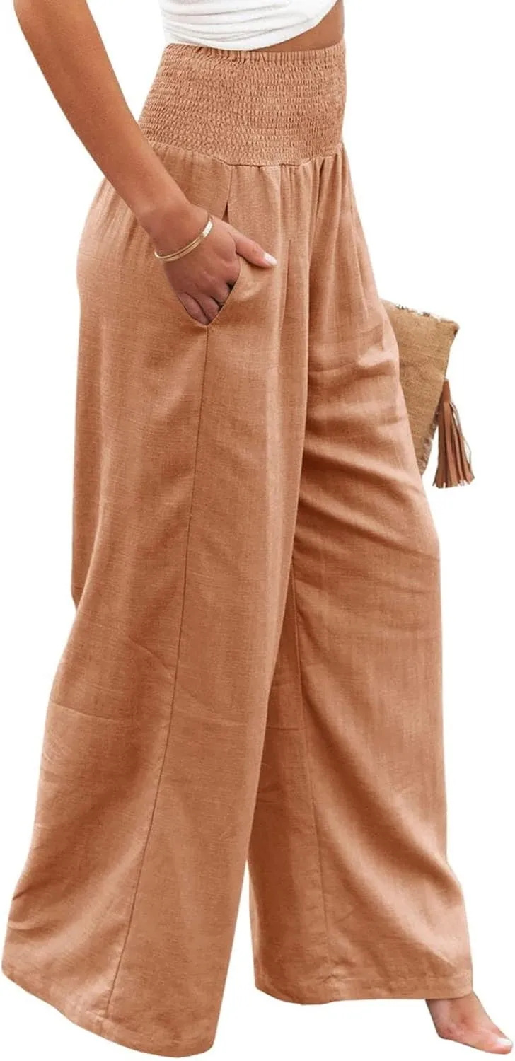 Cotton Linen Pants for Women Casual Straight Trousers Wide Leg Tottoms Elastic Waist High Waist Pant with Pockets