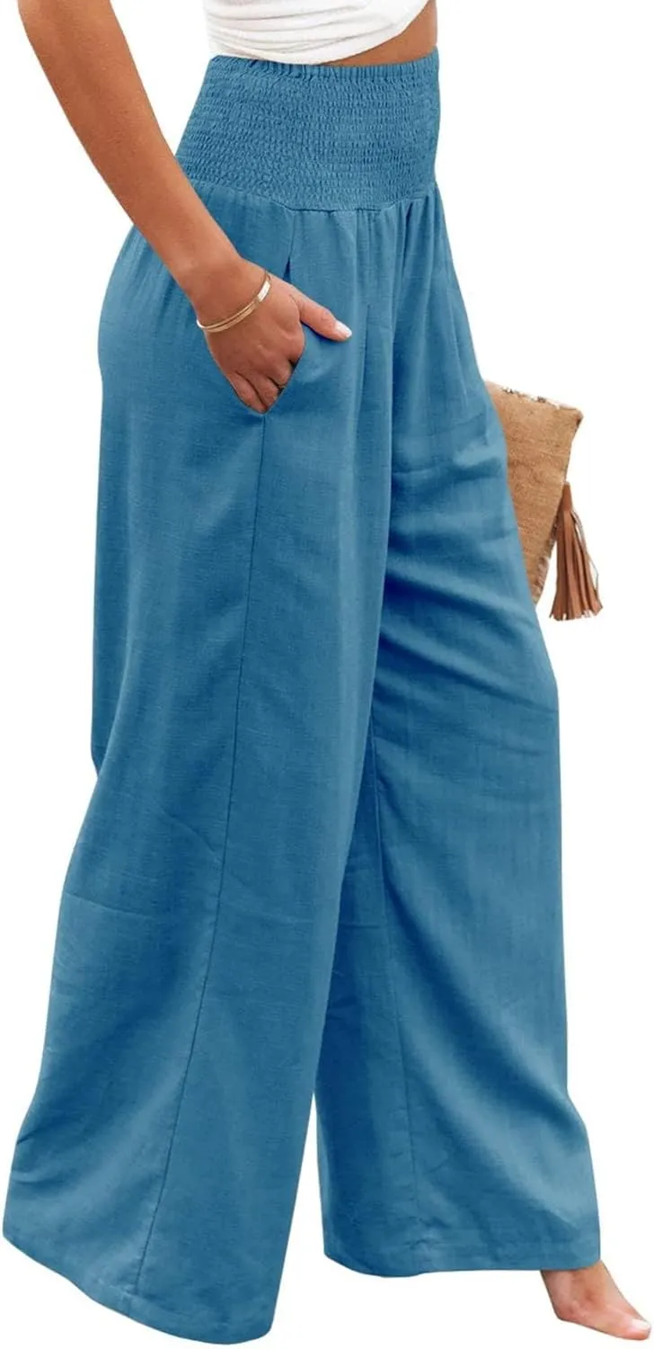 Cotton Linen Pants for Women Casual Straight Trousers Wide Leg Tottoms Elastic Waist High Waist Pant with Pockets