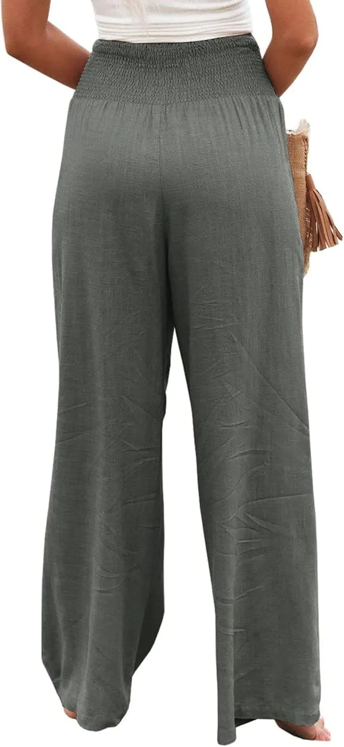 Cotton Linen Pants for Women Casual Straight Trousers Wide Leg Tottoms Elastic Waist High Waist Pant with Pockets