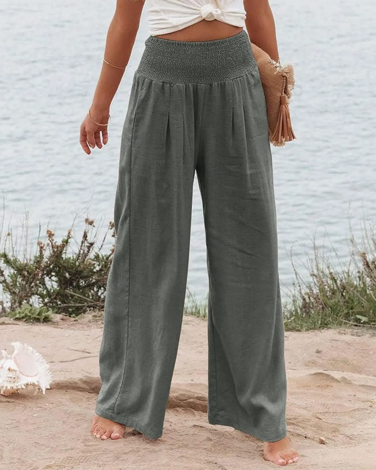 Cotton Linen Pants for Women Casual Straight Trousers Wide Leg Tottoms Elastic Waist High Waist Pant with Pockets