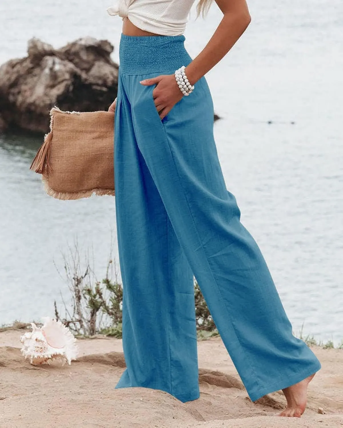 Cotton Linen Pants for Women Casual Straight Trousers Wide Leg Tottoms Elastic Waist High Waist Pant with Pockets