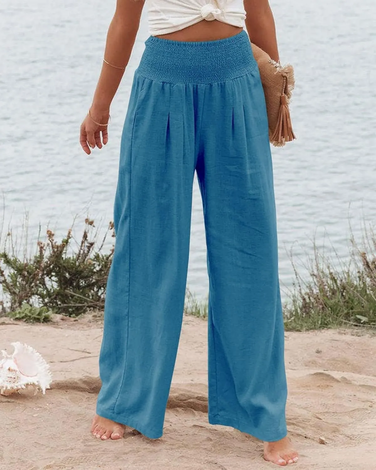 Cotton Linen Pants for Women Casual Straight Trousers Wide Leg Tottoms Elastic Waist High Waist Pant with Pockets