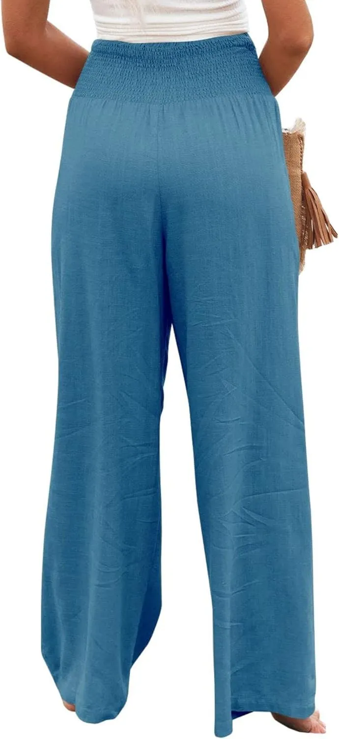 Cotton Linen Pants for Women Casual Straight Trousers Wide Leg Tottoms Elastic Waist High Waist Pant with Pockets