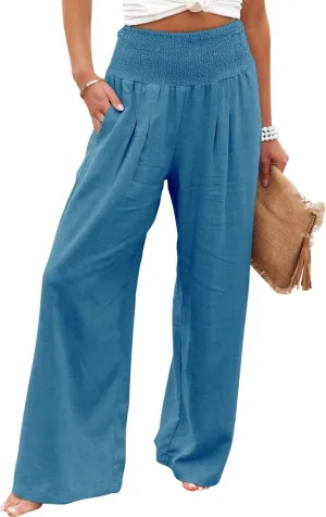 Cotton Linen Pants for Women Casual Straight Trousers Wide Leg Tottoms Elastic Waist High Waist Pant with Pockets