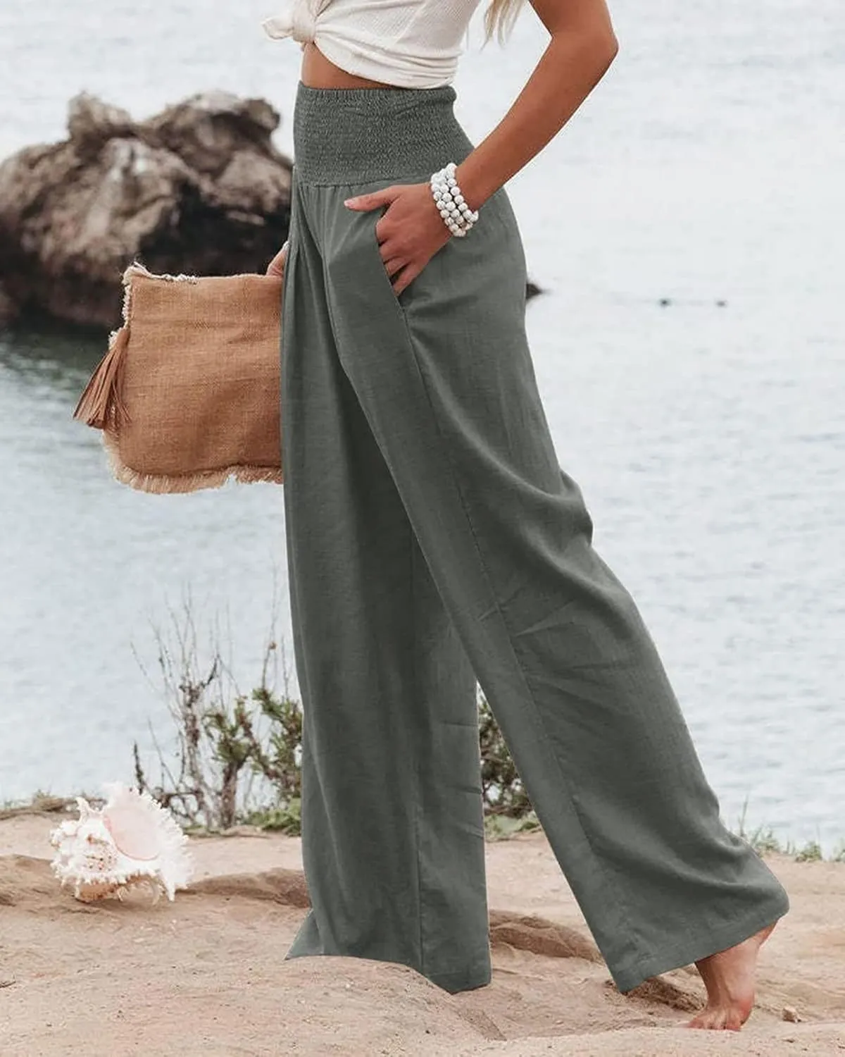 Cotton Linen Pants for Women Casual Straight Trousers Wide Leg Tottoms Elastic Waist High Waist Pant with Pockets