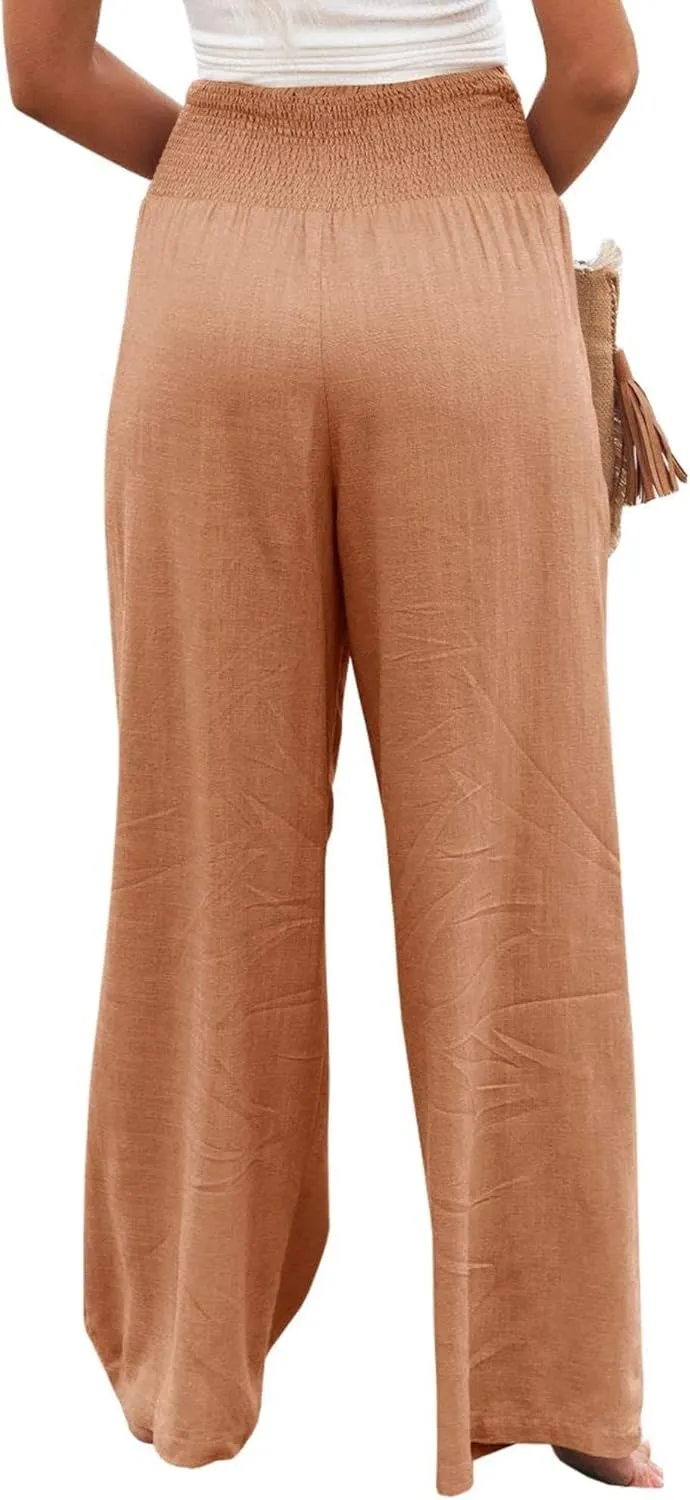 Cotton Linen Pants for Women Casual Straight Trousers Wide Leg Tottoms Elastic Waist High Waist Pant with Pockets