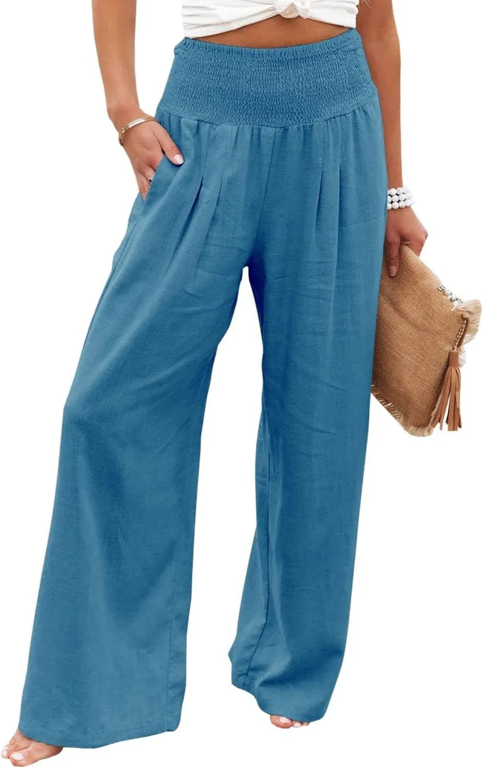 Cotton Linen Pants for Women Casual Straight Trousers Wide Leg Tottoms Elastic Waist High Waist Pant with Pockets