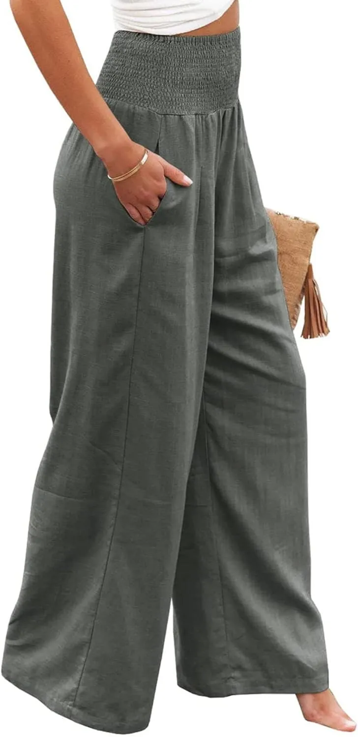 Cotton Linen Pants for Women Casual Straight Trousers Wide Leg Tottoms Elastic Waist High Waist Pant with Pockets