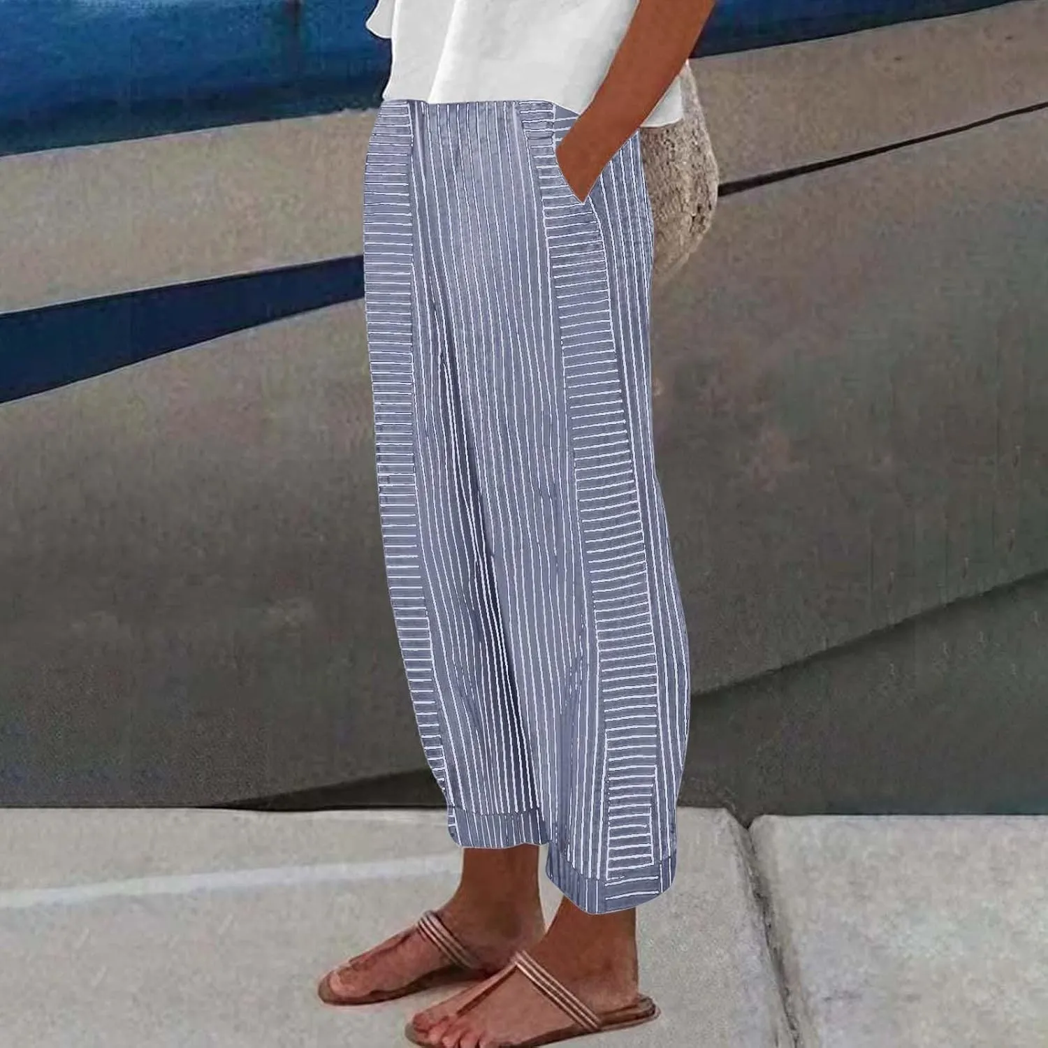 Cotton Linen Pants for Women Striped Print Side Button Pants Baggy Elastic Waist Straight Leg Trousers w Pocket