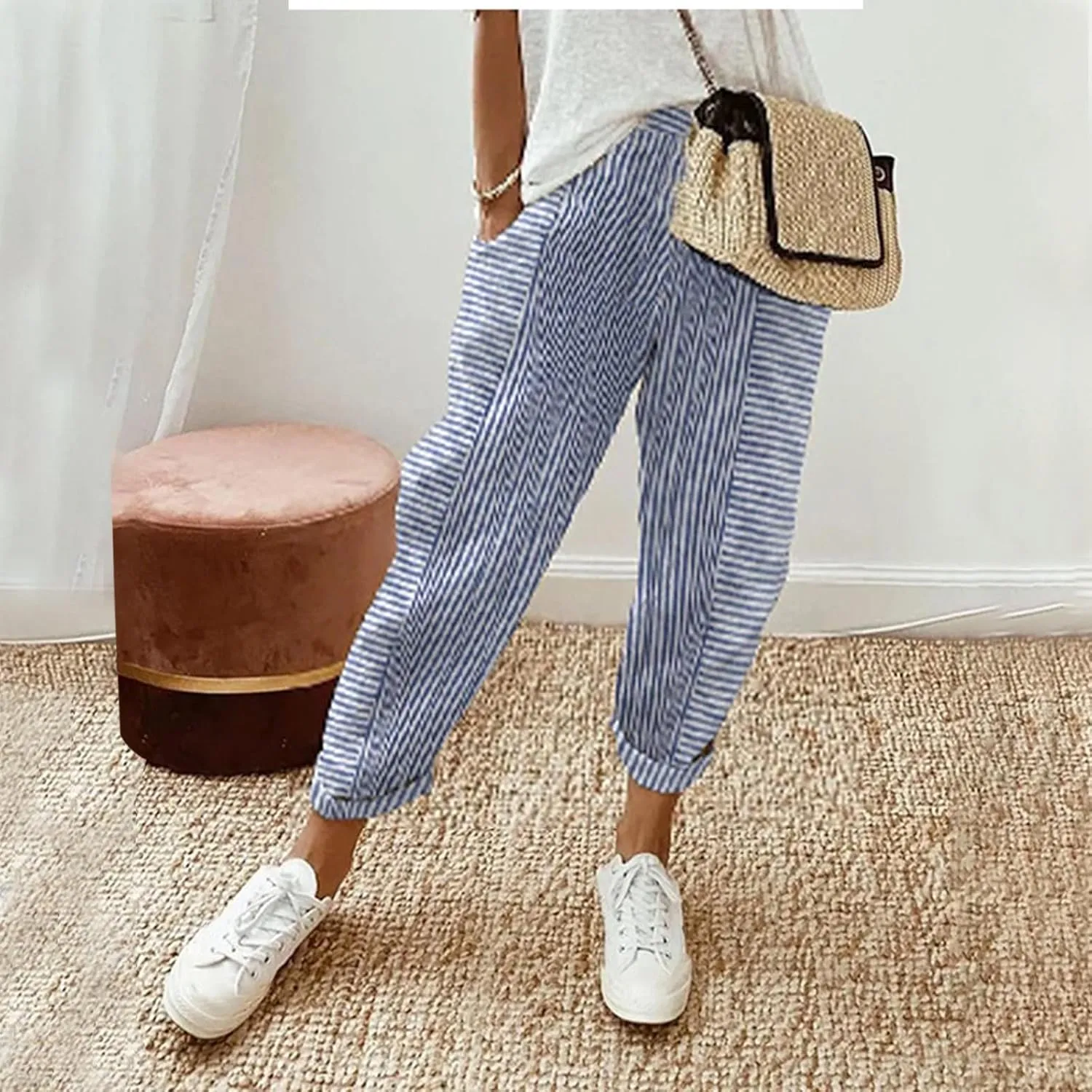 Cotton Linen Pants for Women Striped Print Side Button Pants Baggy Elastic Waist Straight Leg Trousers w Pocket
