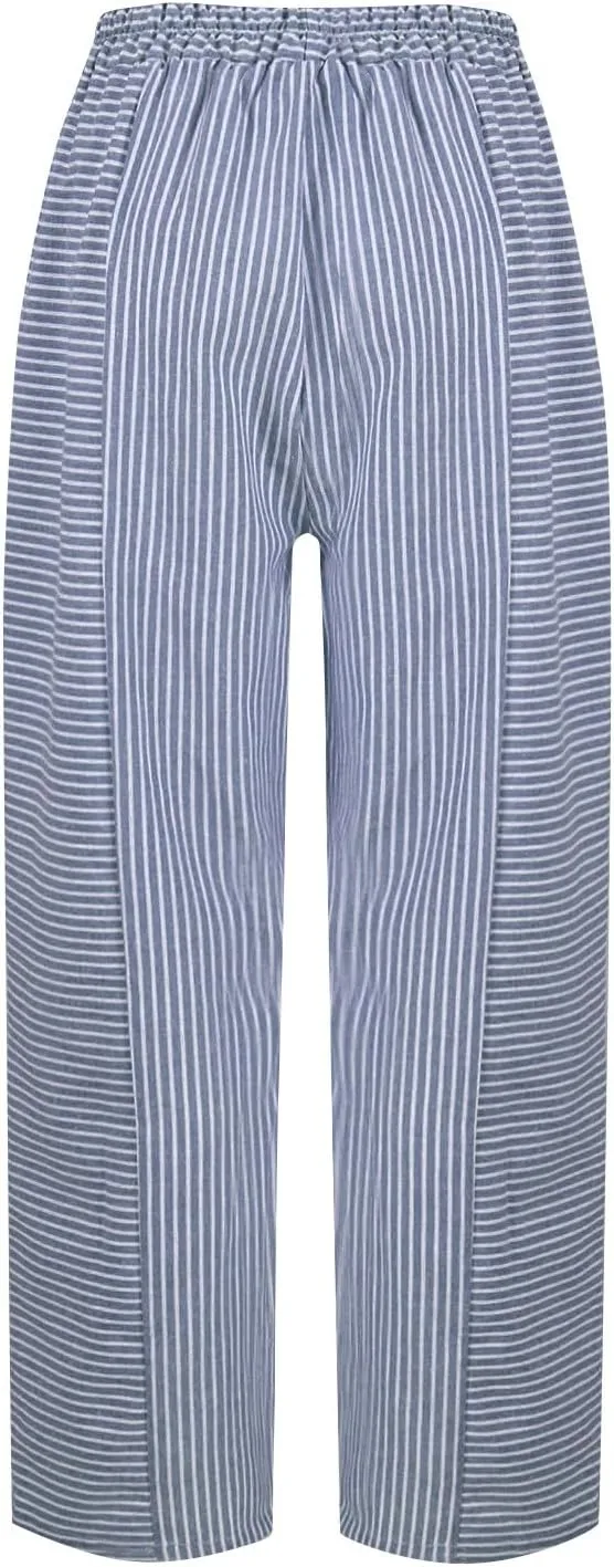 Cotton Linen Pants for Women Striped Print Side Button Pants Baggy Elastic Waist Straight Leg Trousers w Pocket