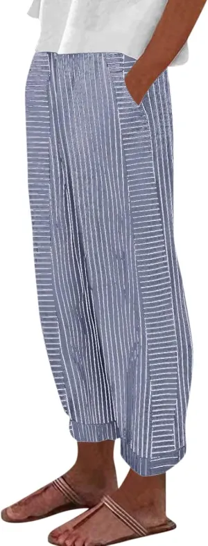 Cotton Linen Pants for Women Striped Print Side Button Pants Baggy Elastic Waist Straight Leg Trousers w Pocket