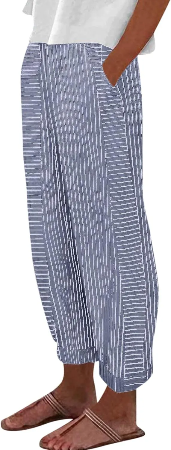 Cotton Linen Pants for Women Striped Print Side Button Pants Baggy Elastic Waist Straight Leg Trousers w Pocket