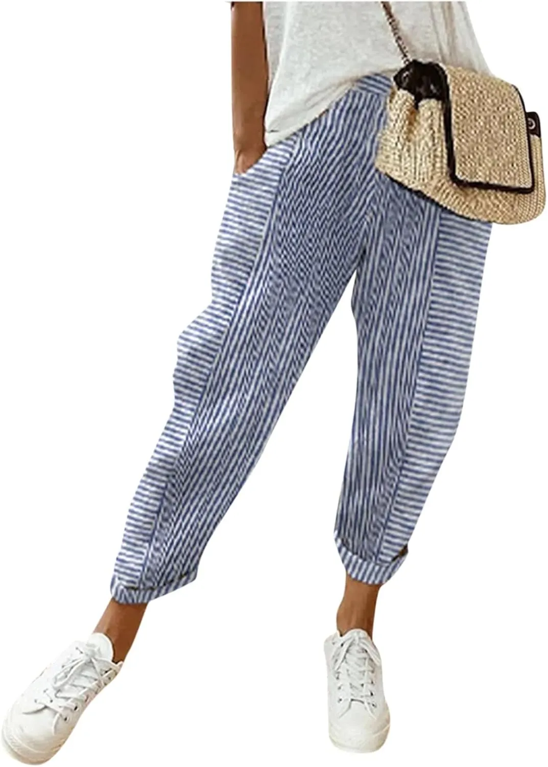 Cotton Linen Pants for Women Striped Print Side Button Pants Baggy Elastic Waist Straight Leg Trousers w Pocket