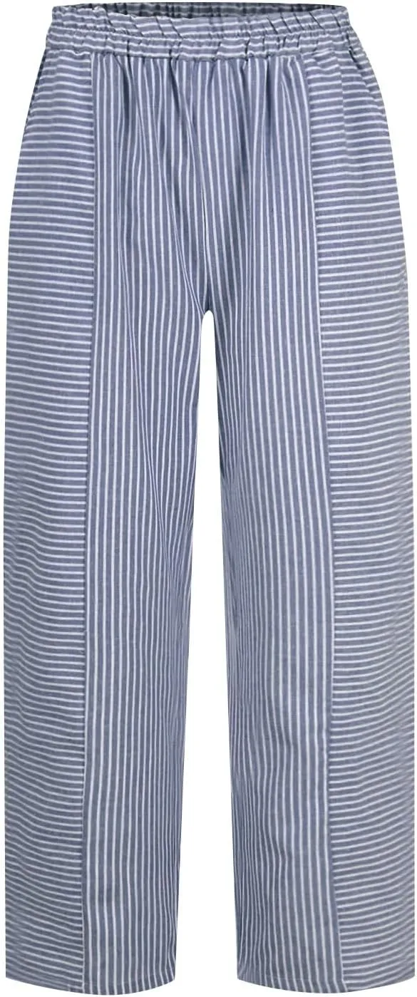 Cotton Linen Pants for Women Striped Print Side Button Pants Baggy Elastic Waist Straight Leg Trousers w Pocket