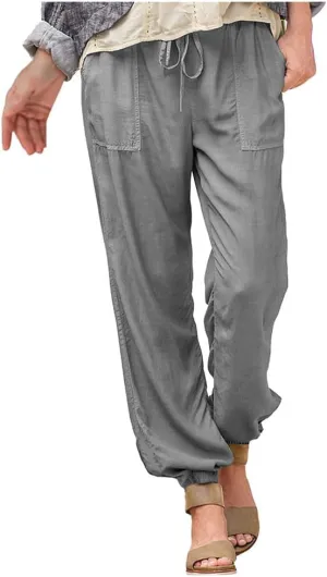Cotton Linen Pants Women Casual Drawstring Straight Leg Pants Solid Soft Comfy Trousers with Pocket