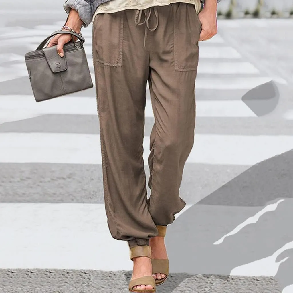 Cotton Linen Pants Women Casual Drawstring Straight Leg Pants Solid Soft Comfy Trousers with Pocket