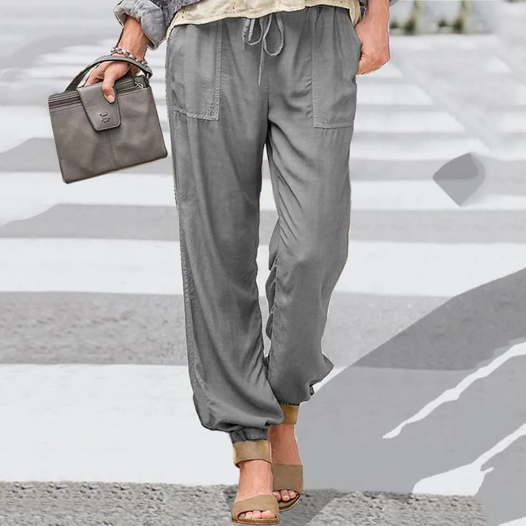 Cotton Linen Pants Women Casual Drawstring Straight Leg Pants Solid Soft Comfy Trousers with Pocket
