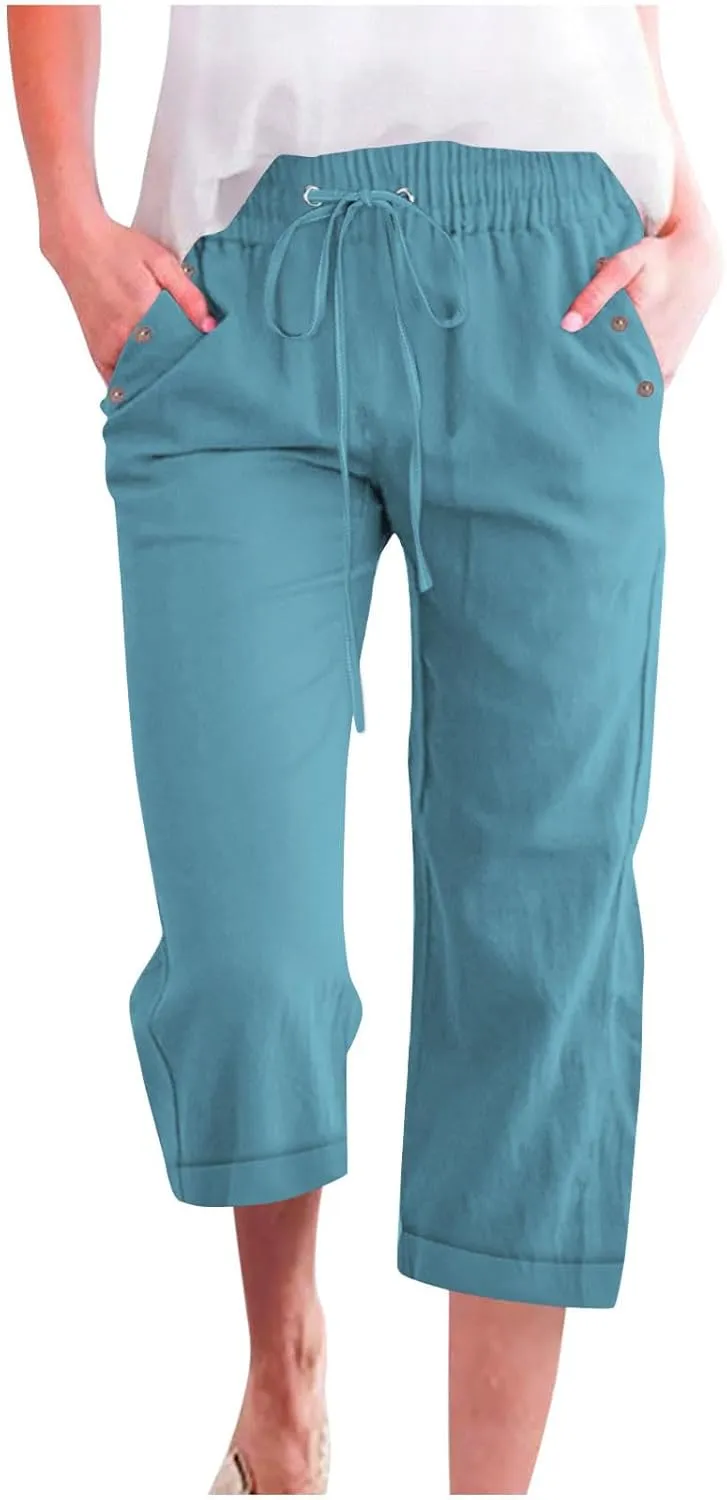 Cotton Linen Pants Women Summer Drawstring High Waist Straight Leg Pants Lightweight Breathable Trousers with Pocket