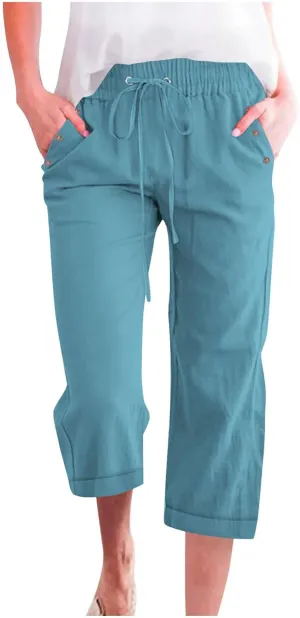 Cotton Linen Pants Women Summer Drawstring High Waist Straight Leg Pants Lightweight Breathable Trousers with Pocket