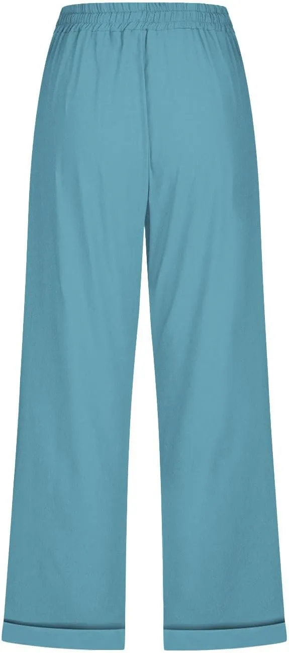 Cotton Linen Pants Women Summer Drawstring High Waist Straight Leg Pants Lightweight Breathable Trousers with Pocket