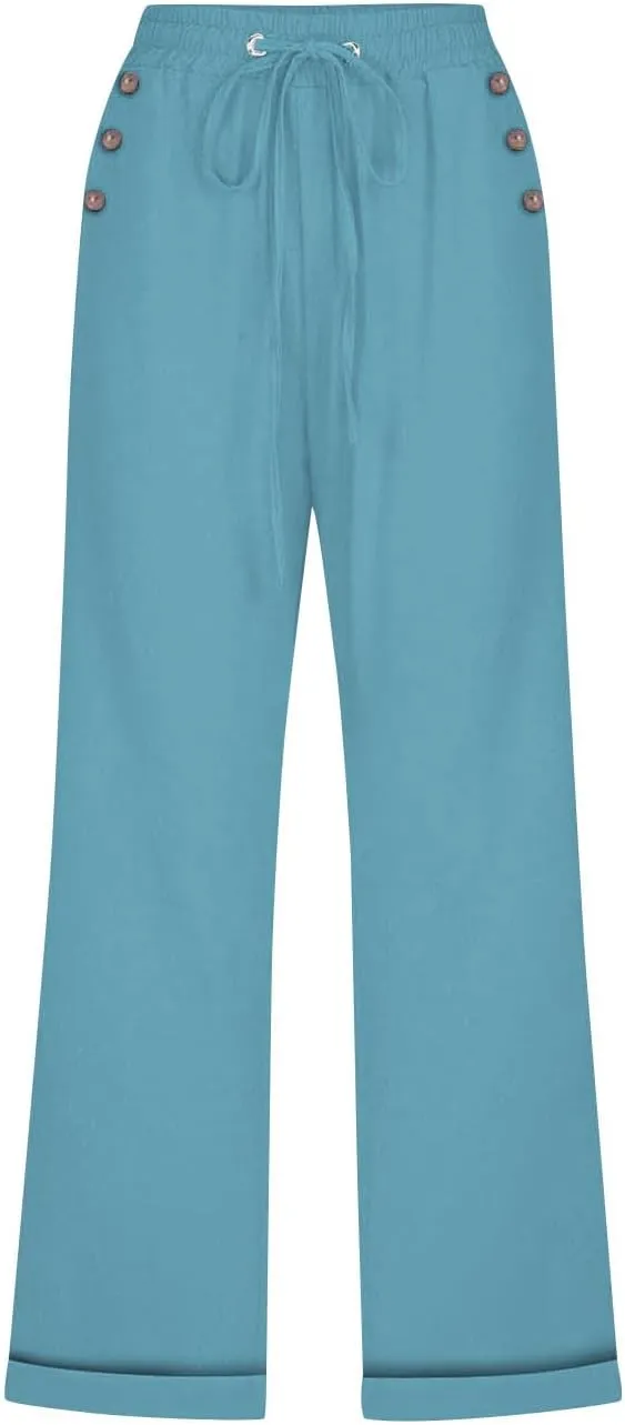 Cotton Linen Pants Women Summer Drawstring High Waist Straight Leg Pants Lightweight Breathable Trousers with Pocket