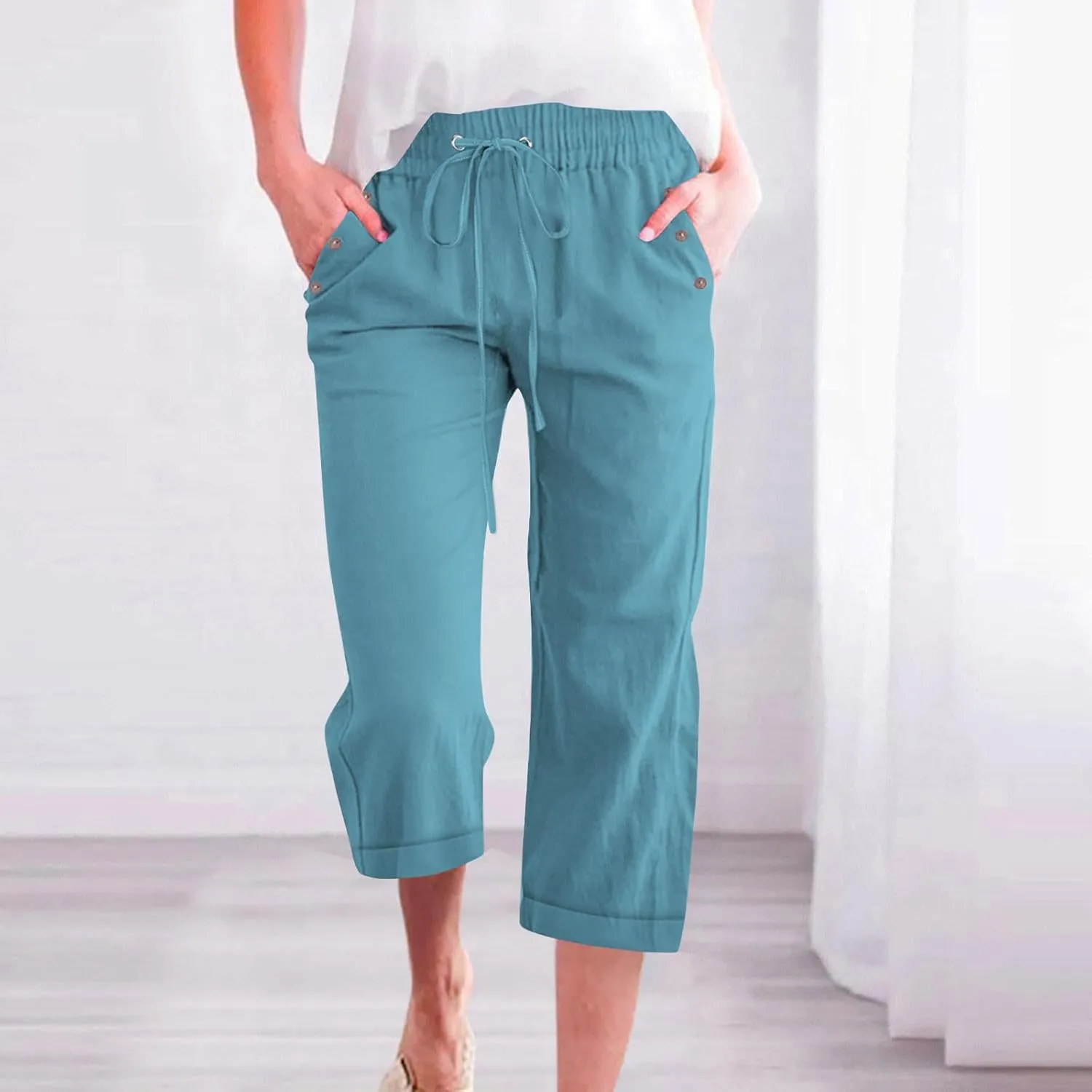 Cotton Linen Pants Women Summer Drawstring High Waist Straight Leg Pants Lightweight Breathable Trousers with Pocket