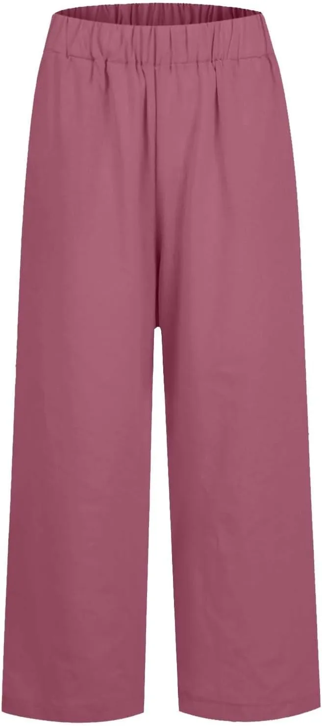 Cropped Linen Pants Women Petite Plus Size Wide Leg Crop Pants Elastic Waist Straight Leg Lightweight Summer Pants